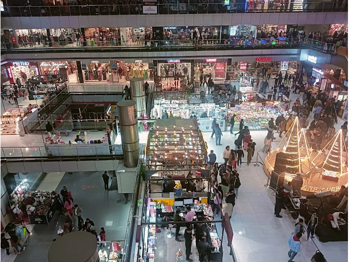 Wide retail floor showing store layout and merchandise